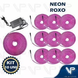 FITA LED NEON FLEXIVEL 8W 12V ROXO 5 METROS IP20 COM FONTE KIT10