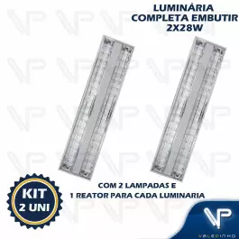 LUMINÁRIA EMBUTIR 120X30CM C/ALETA LÂMPADA E REATOR T5 2x25-28W 3000K(BRANCO QUENTE) KIT2