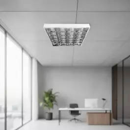 LUMINÁRIA CALHA COMERCIAL SOBREPOR 62X62CM ALETADA COM LÂMPADA T8 34W(BRANCO QUENTE)BIVOLT