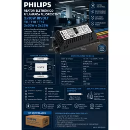 REATOR ELETRÔNICO PHILIPS P/LÂMPADA FLUORESCENTE 2x30W BIVOLT TLD/TLT KIT20