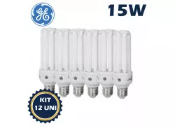 LÂMPADA COMPACTA FLUORESCENTE 3U GE 15W 127V 6500K(BRANCO FRIO)E27 KIT12